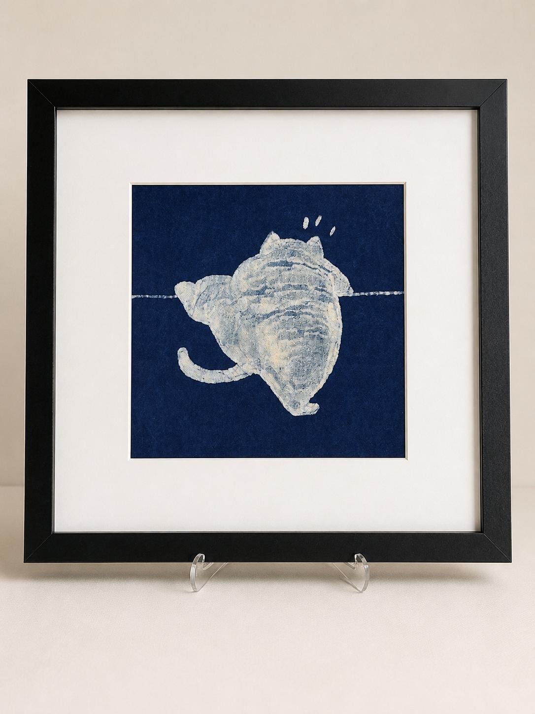 Handmade Cat Textile Wall Art | Indigo Batik Cat Wall Hanging | Framed Cat Decor | Gift for Cat Lovers | Housewarming Gift