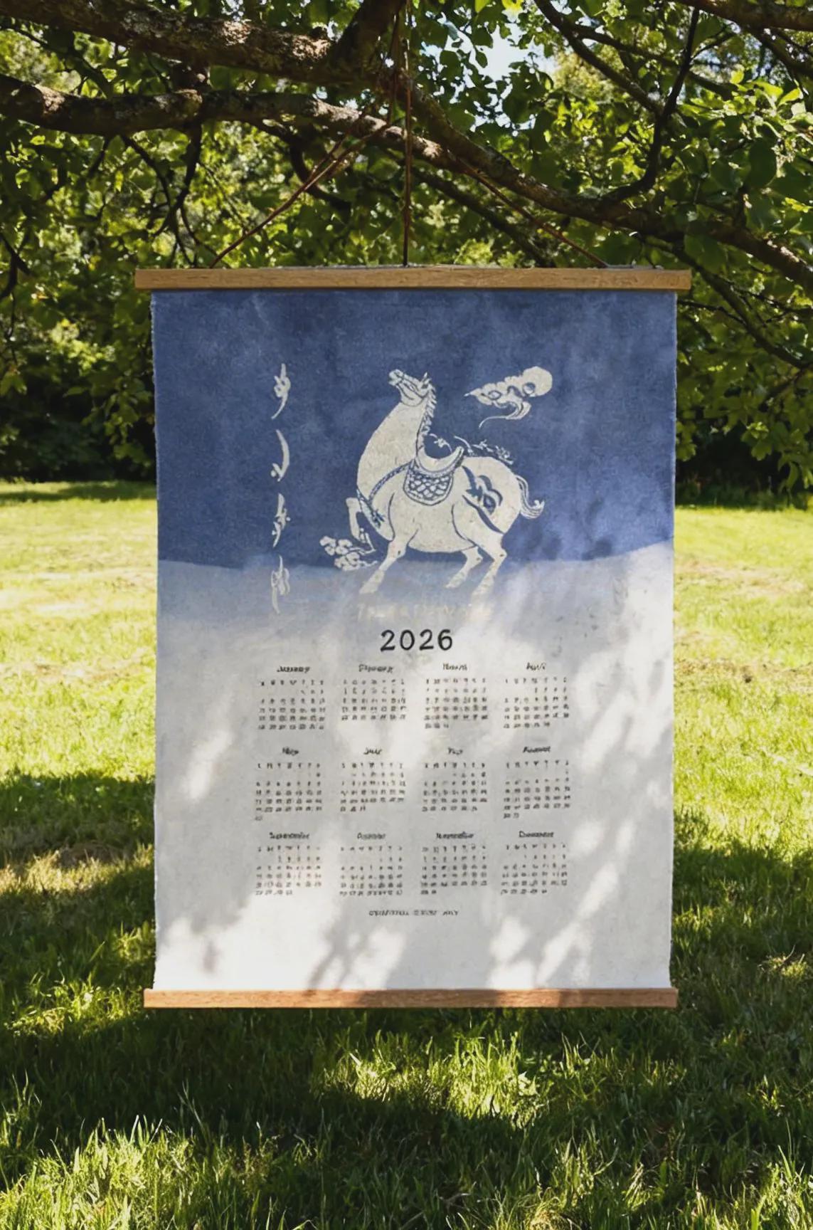 2026 Year of the Horse Batik Calendar | Handmade Textile Wall Art | Chinese Zodiac Wall Hanging | Lunar New Year Gift | Indigo Home Decor