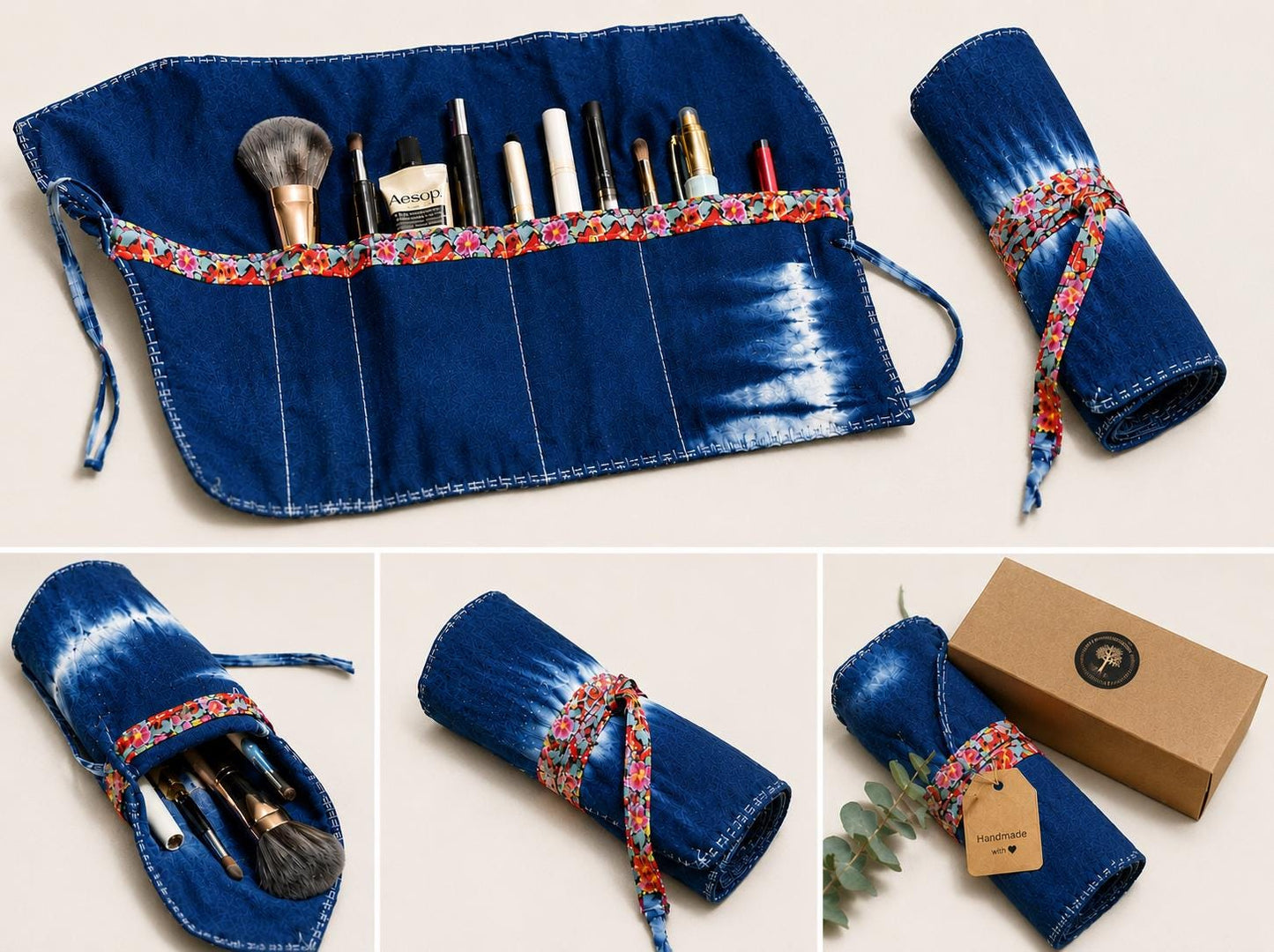 Handmade Cotton Roll-Up Organizer | Indigo Brush & Pencil Case | Artist Tool Roll | Travel Organizer | Gift for Artists