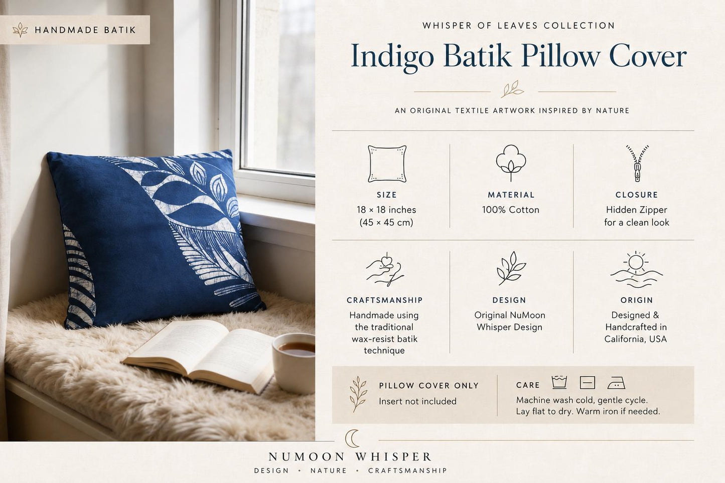 Handmade Botanical Pillow Cover | Indigo Batik Throw Pillow Cover | Cotton Cushion Cover | Wabi-Sabi Home Decor | Gift for Home