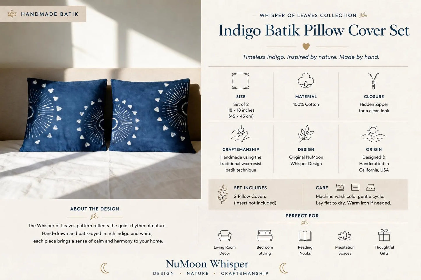 Handmade Botanical Pillow Cover | Indigo Batik Throw Pillow Cover | Cotton Cushion Cover | Wabi-Sabi Home Decor | Gift for Home
