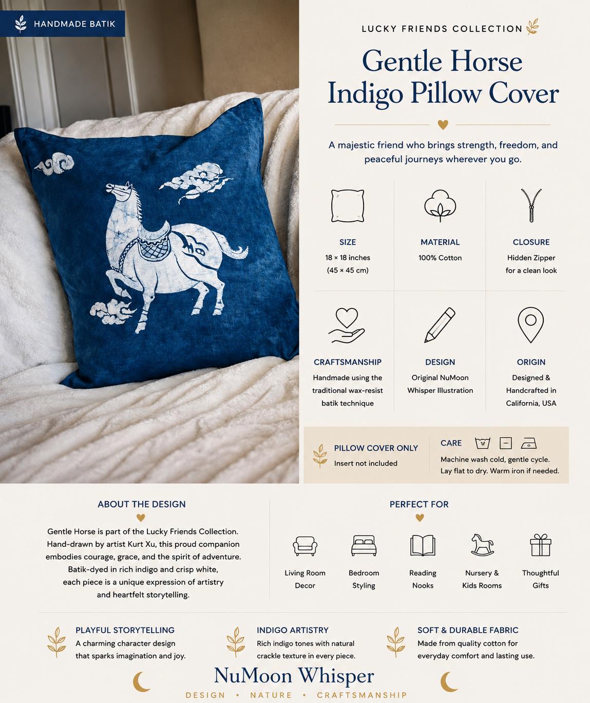 Handmade Animal Pillow Cover | Indigo Batik Throw Pillow Cover | Cotton Cushion Cover | Nursery & Kids Room Decor | Gift for Animal Lovers