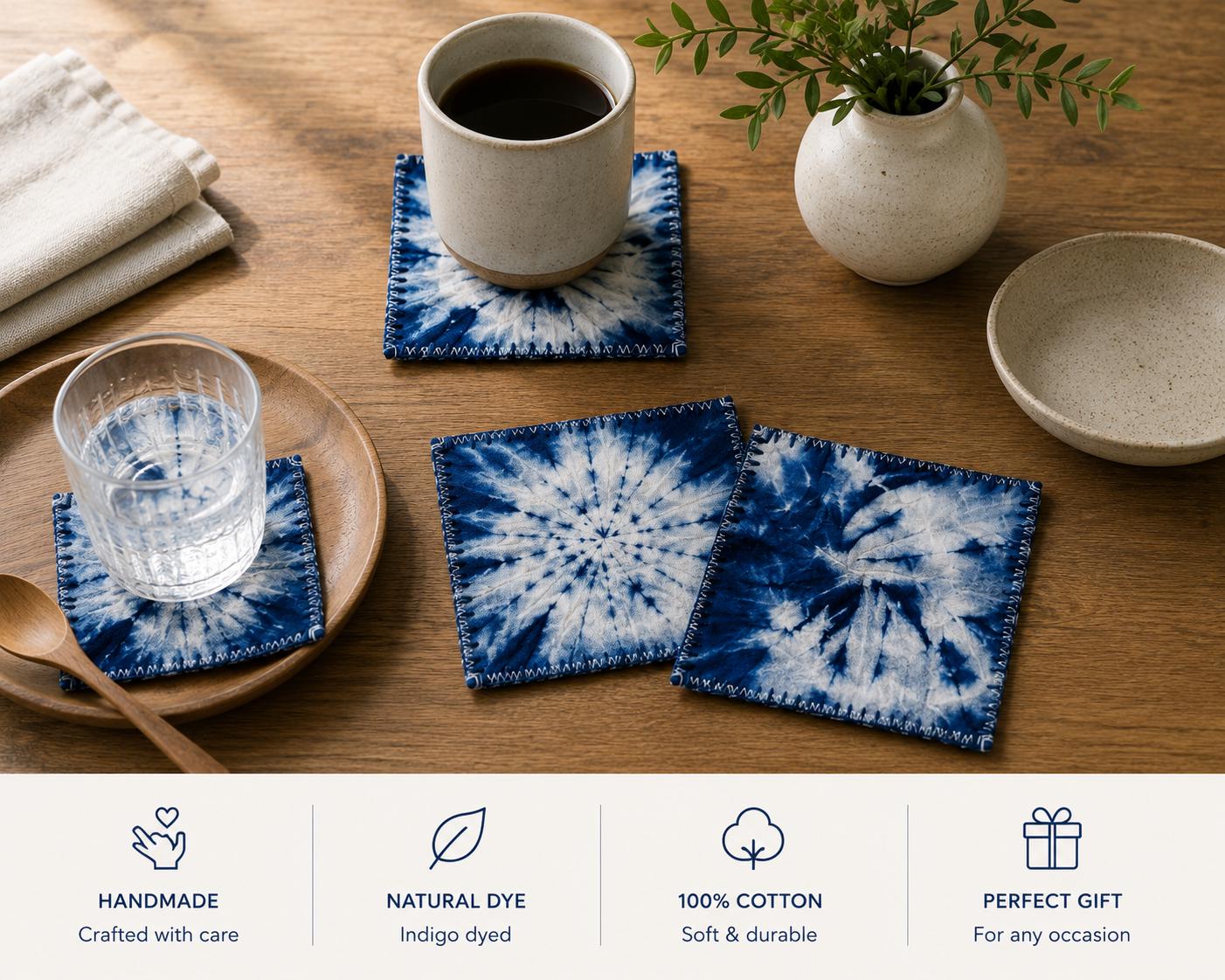 Handmade Indigo Shibori Fabric Coaster Set | Cotton Drink Coasters | Japanese Style Table Decor | Mug Mat | Housewarming Gift