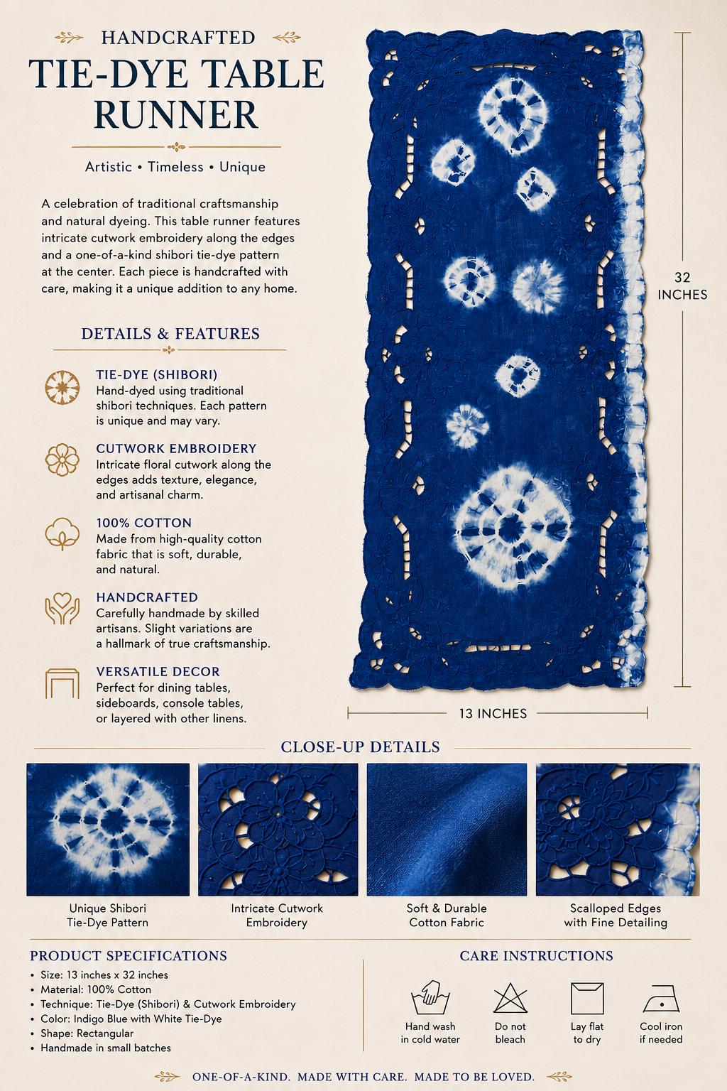 Handmade Indigo Table Runner | Cotton Tea Table Runner | Floral Batik Table Decor | Lace Table Runner | Housewarming Gift