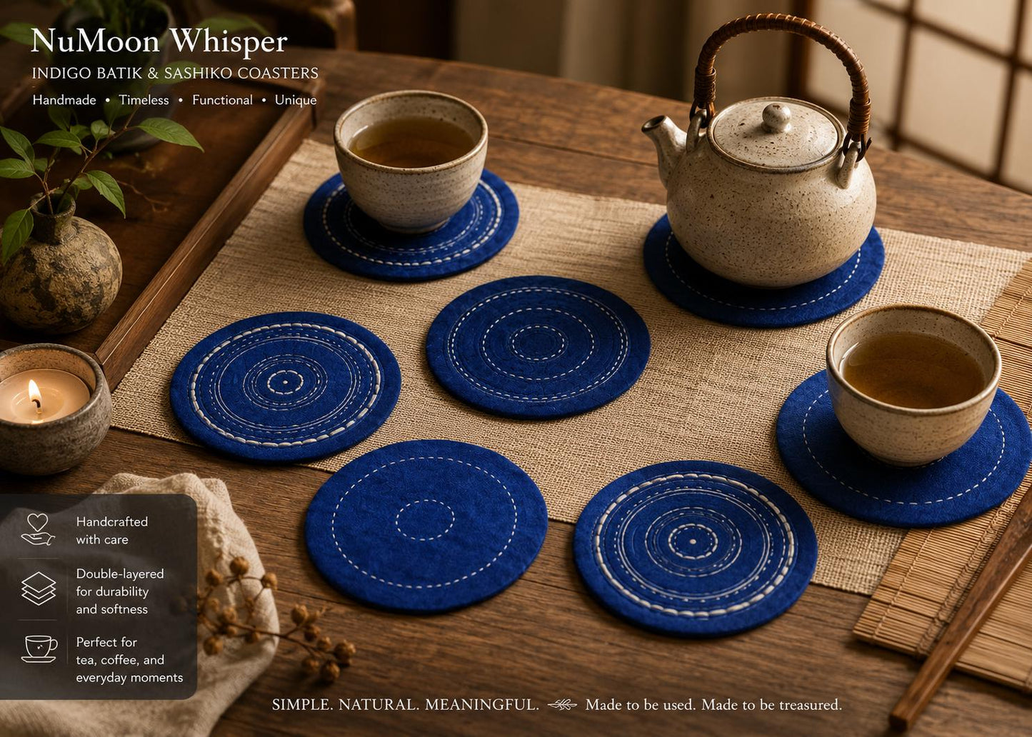 Handmade Indigo Batik Tea Mat | Sashiko Cotton Coaster | Reversible Mug Rug | Japanese Table Decor | Housewarming Gift