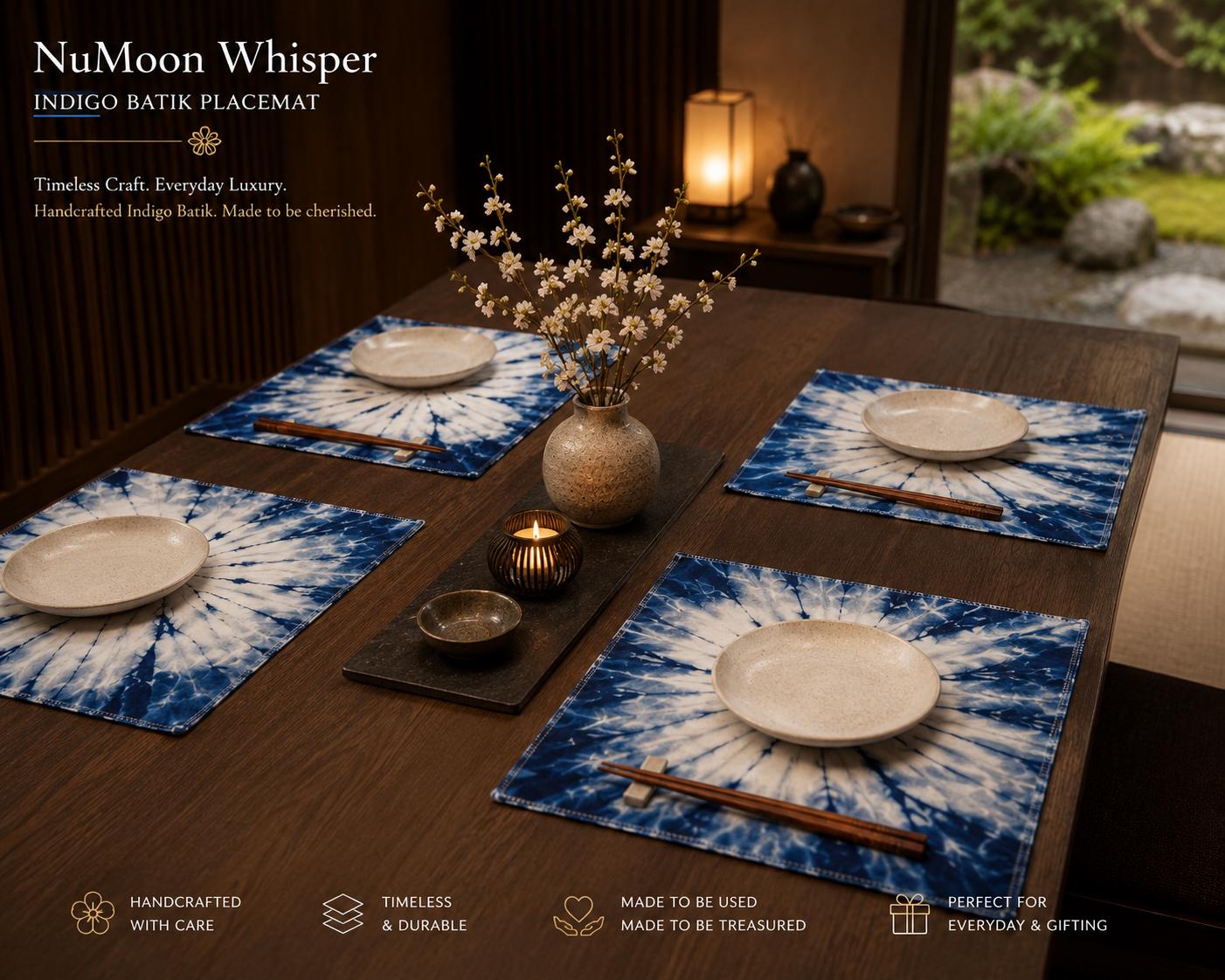 Handmade Cotton Placemats | Indigo Shibori Table Mats | Blue & White Dining Table Decor | Set or Single | Housewarming Gift