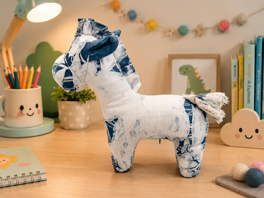 Handmade Horse Plush | Cotton Stuffed Pony | Indigo Textile Art Doll | Nursery Decor | Gift for Horse Lovers