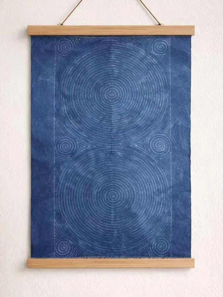 Handmade Textile Wall Art | Indigo Batik Wall Hanging | Dorm Room Decor | Miao Spiral Textile Art | Wabi-Sabi Home Decor | Housewarming Gift