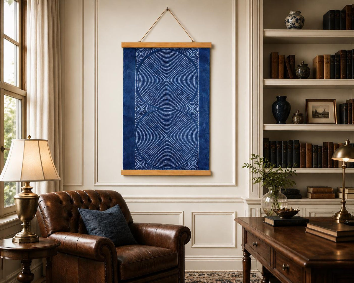 Handmade Textile Wall Art | Indigo Batik Wall Hanging | Dorm Room Decor | Miao Spiral Textile Art | Wabi-Sabi Home Decor | Housewarming Gift