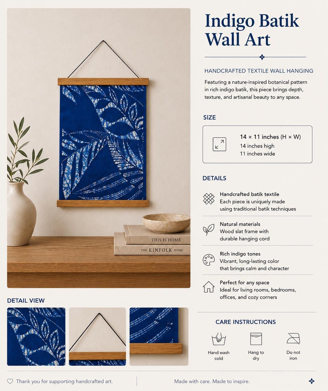 Handmade Textile Wall Art | Botanical Indigo Batik Wall Hanging | Nature Wall Decor | Wabi-Sabi Home Decor | Housewarming Gift
