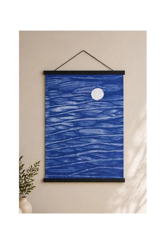 Handmade Textile Wall Art | Indigo Moon Wall Hanging | Batik Textile Art | Zen Home Decor | Housewarming Gift