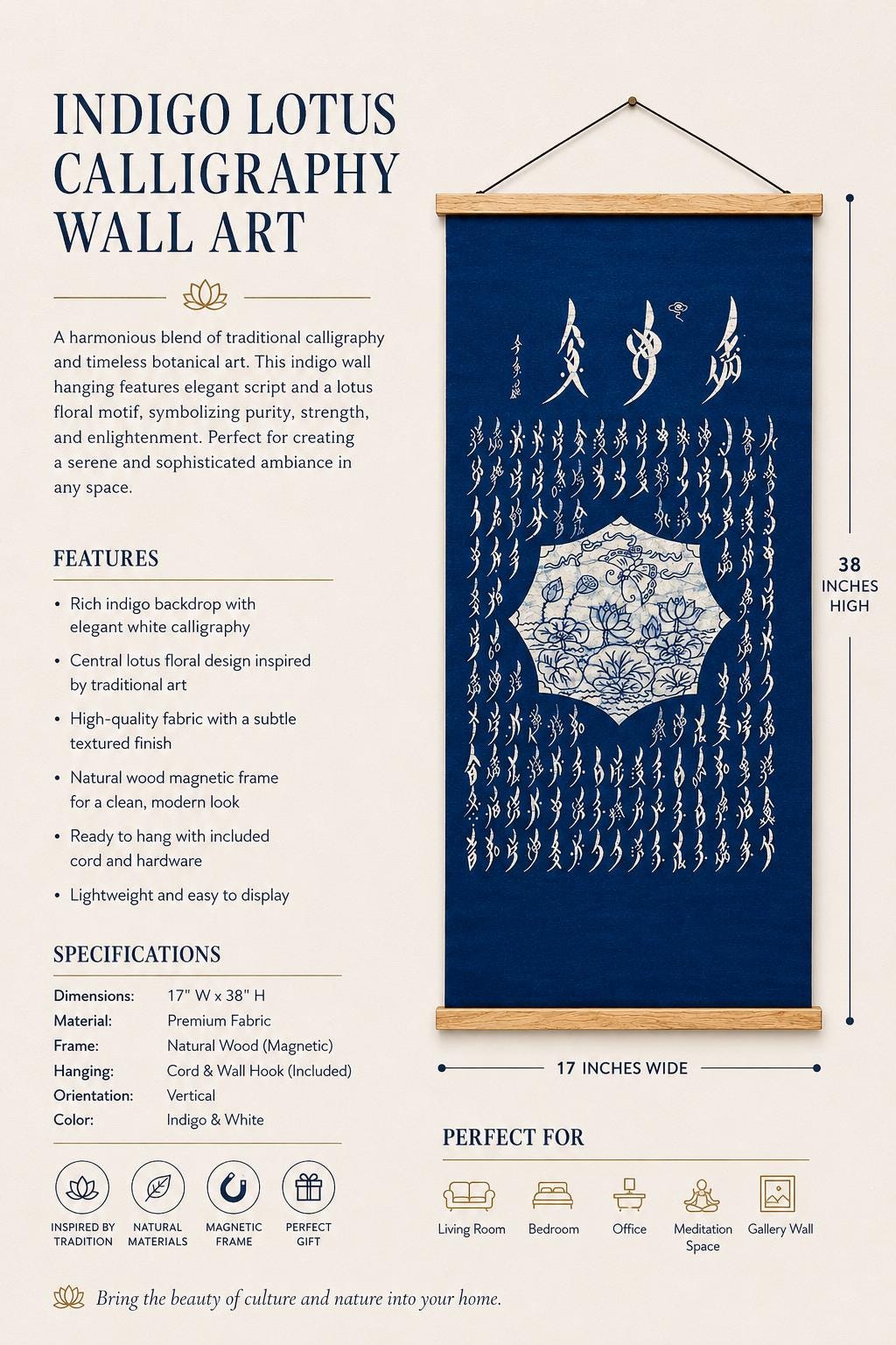 Handmade Lotus Textile Wall Art | Indigo Batik Wall Hanging | Nüshu Cultural Art | Zen Home Decor | Housewarming Gift