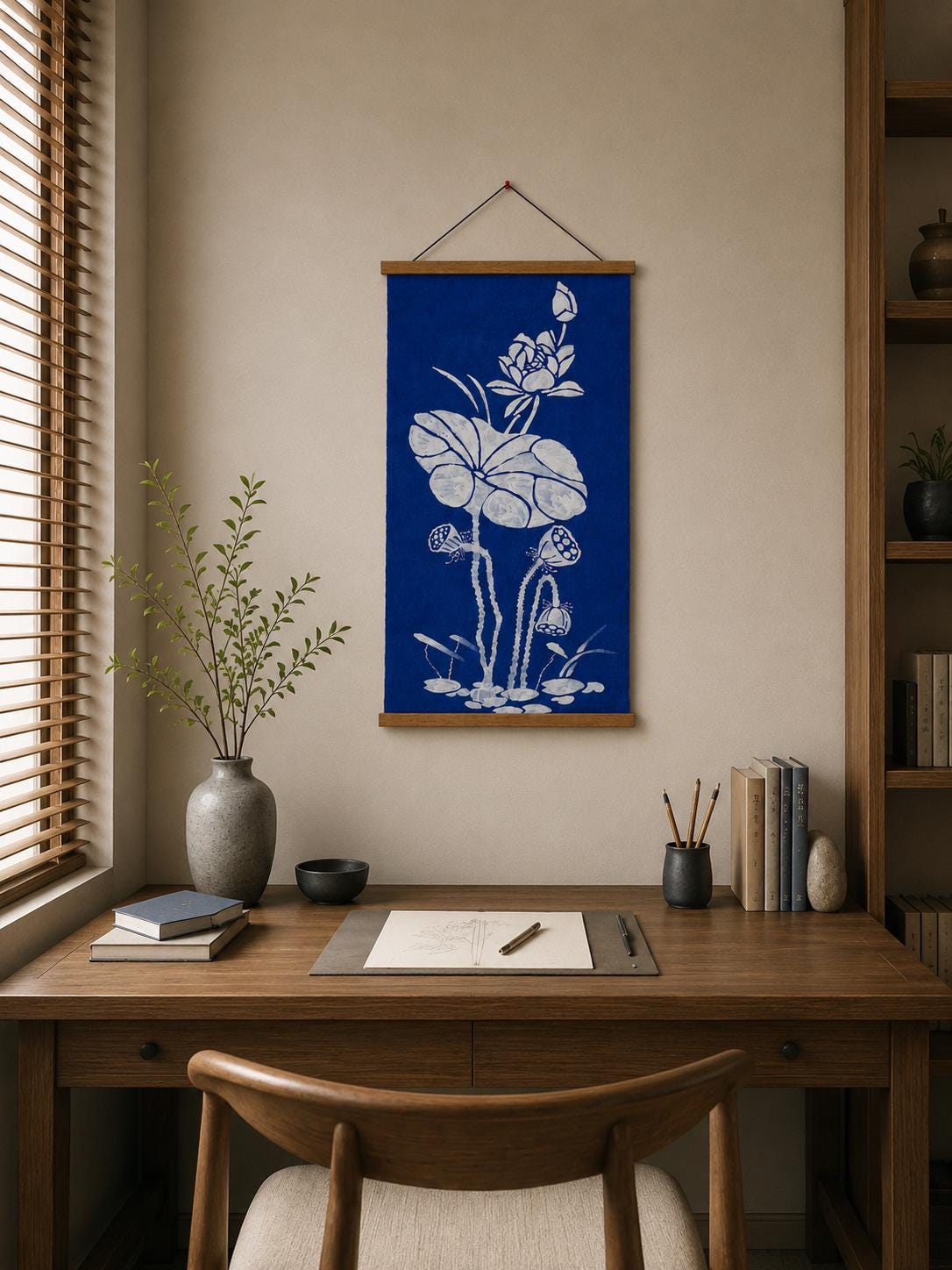 Handmade Lotus Textile Wall Art | Indigo Batik Wall Hanging | Botanical Zen Home Decor | Wabi-Sabi Wall Art | Housewarming Gift