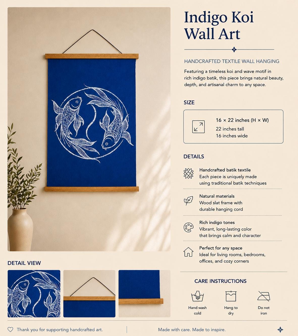 Handmade Double Fish Textile Wall Art | Indigo Batik Wall Hanging | Yin Yang Zen Home Decor | Feng Shui Wall Art | Housewarming Gift