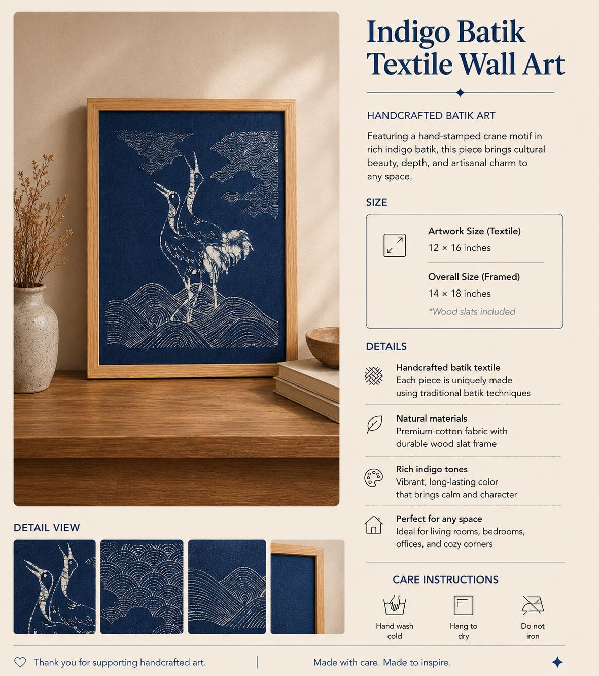 Handmade Crane Textile Wall Art | Indigo Batik Wall Hanging | Bird Zen Home Decor | Wabi-Sabi Wall Art | Wedding Gift