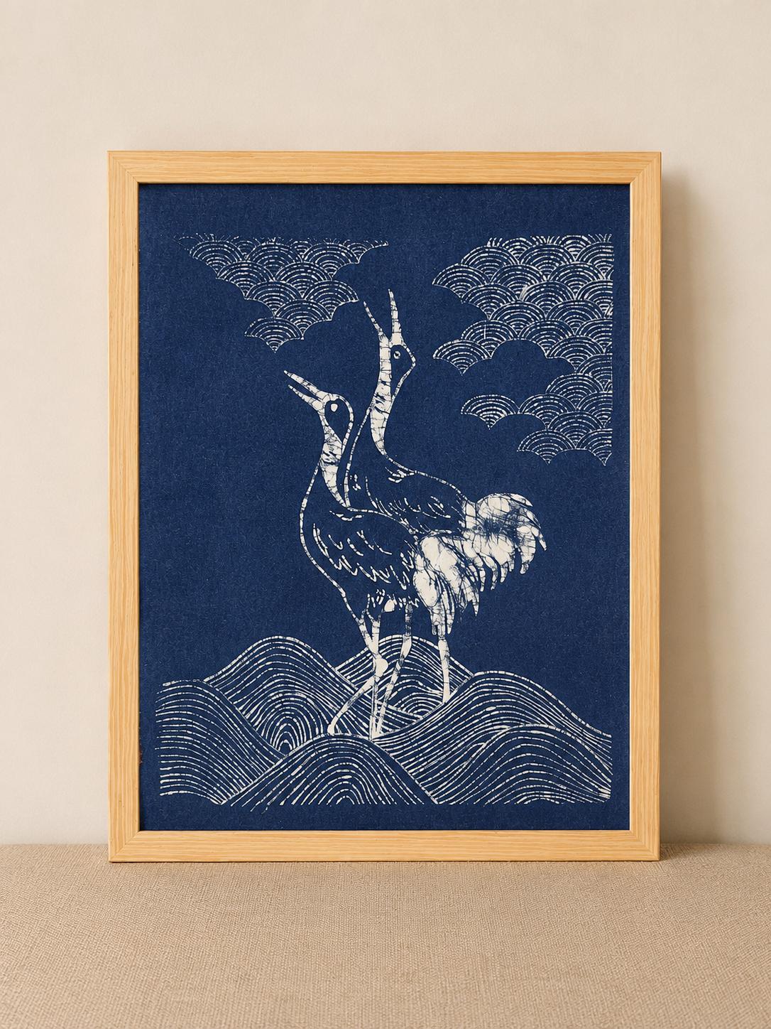 Handmade Crane Textile Wall Art | Indigo Batik Wall Hanging | Bird Zen Home Decor | Wabi-Sabi Wall Art | Wedding Gift
