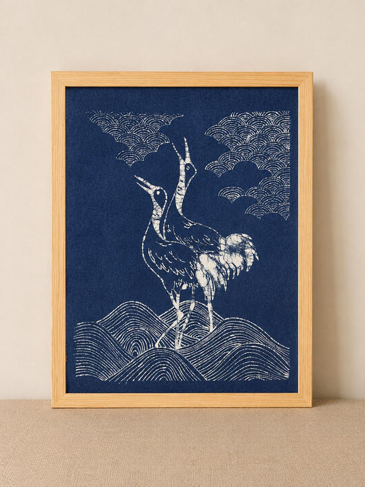 Handmade Crane Textile Wall Art | Indigo Batik Wall Hanging | Bird Zen Home Decor | Wabi-Sabi Wall Art | Wedding Gift