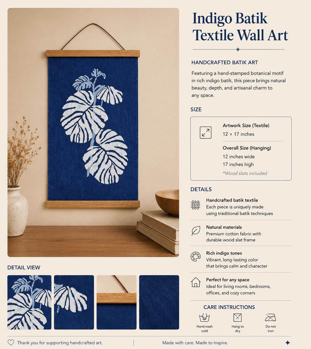 Handmade Monstera Textile Wall Art | Indigo Batik Wall Hanging | Botanical Home Decor | Wabi-Sabi Wall Art | Housewarming Gift
