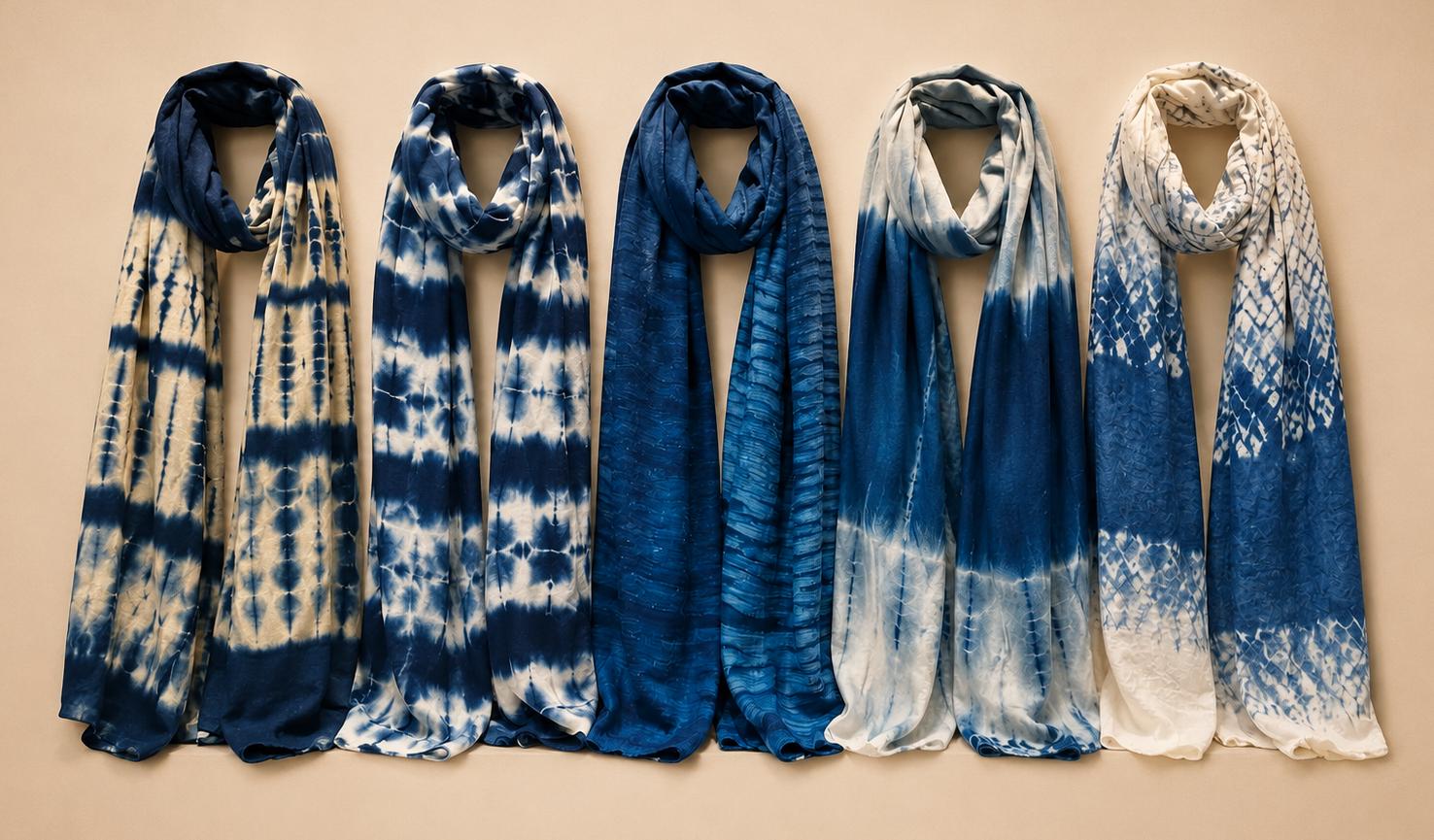 Five blue and white tie-dye shibori scarves displayed side-by-side against a solid beige background.