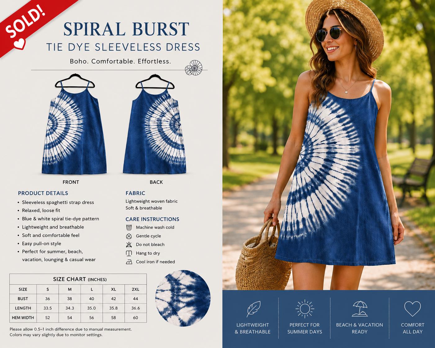 Women's Summer Dress | Tie-Dye Spaghetti Strap Dress | Casual Beach Dress | Lightweight Vacation Dress | Gift for Her