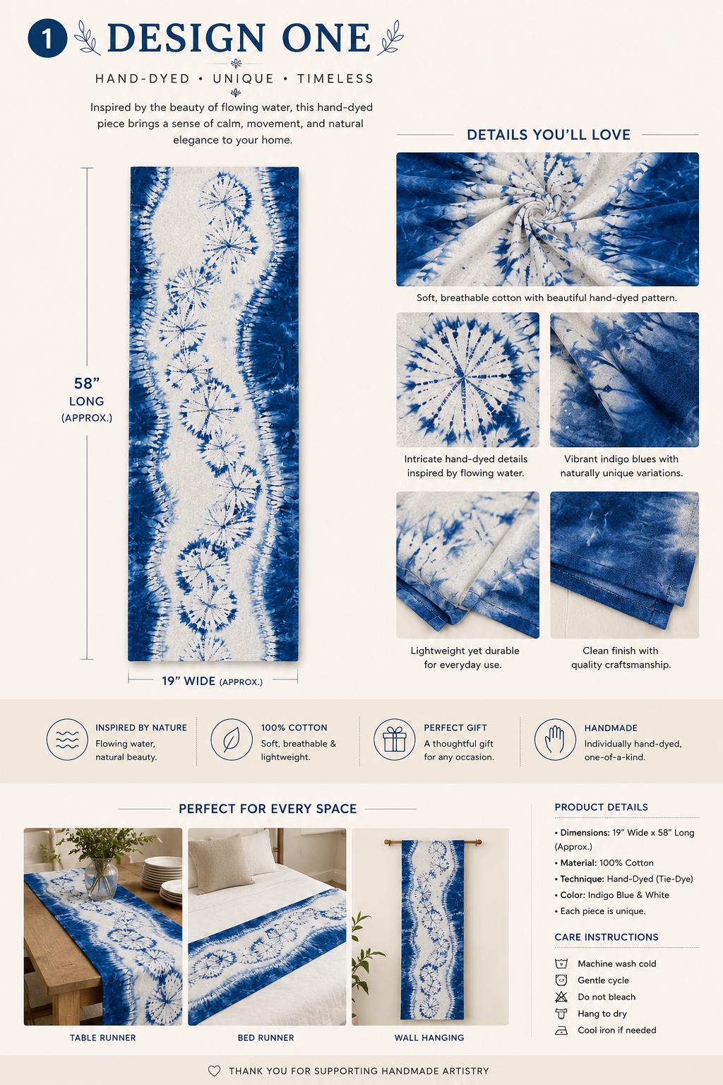 Handmade Indigo Shibori Table Runner | Cotton Decorative Textile | Bed Runner | Wall Hanging | Housewarming Gift