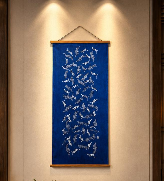Handmade Indigo Batik Nüshu Wall Hanging, Women's Script Textile Art, Chinese Heritage Home Décor