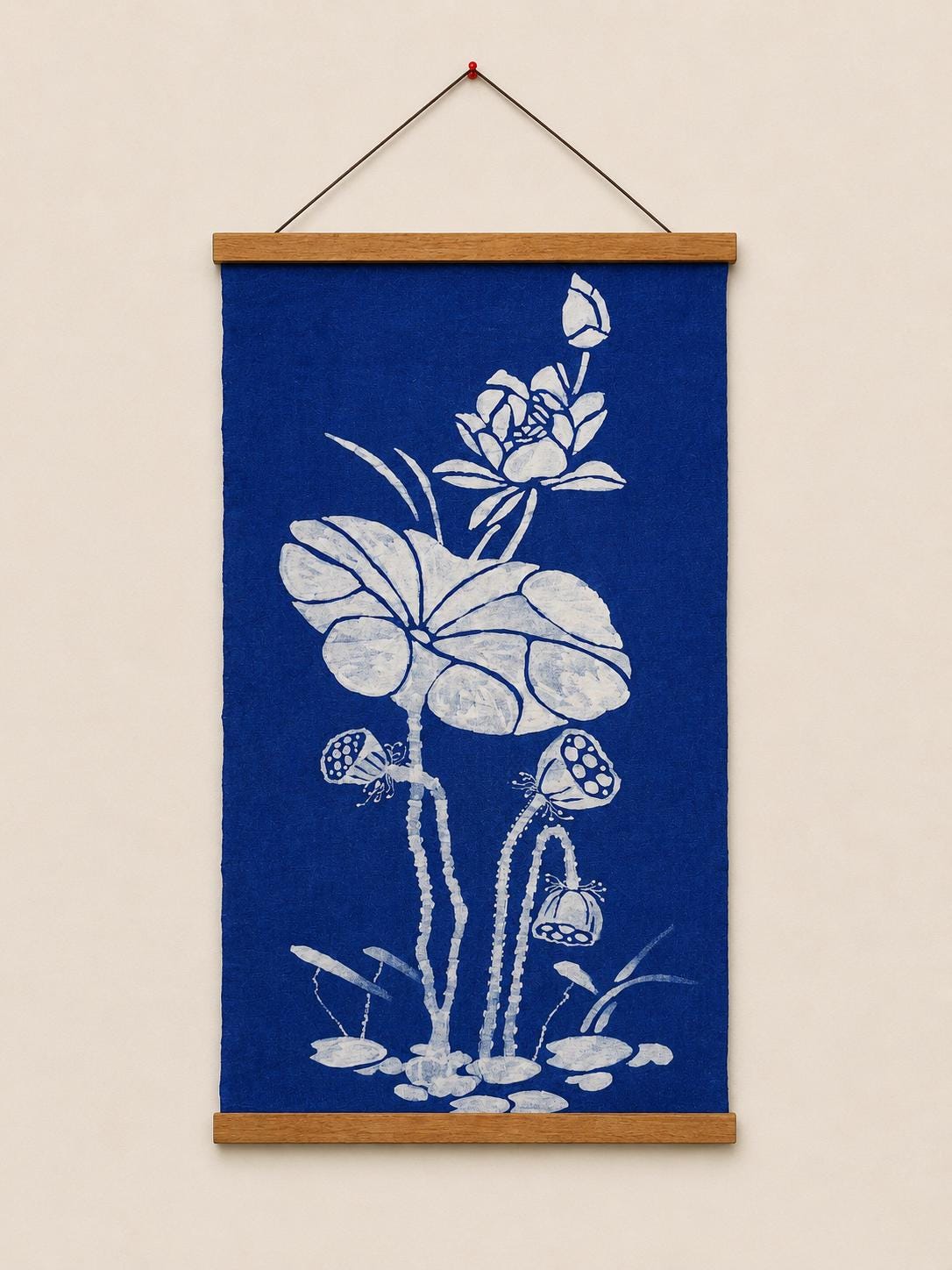 Handmade Lotus Textile Wall Art | Indigo Batik Wall Hanging | Botanical Zen Home Decor | Wabi-Sabi Wall Art | Housewarming Gift
