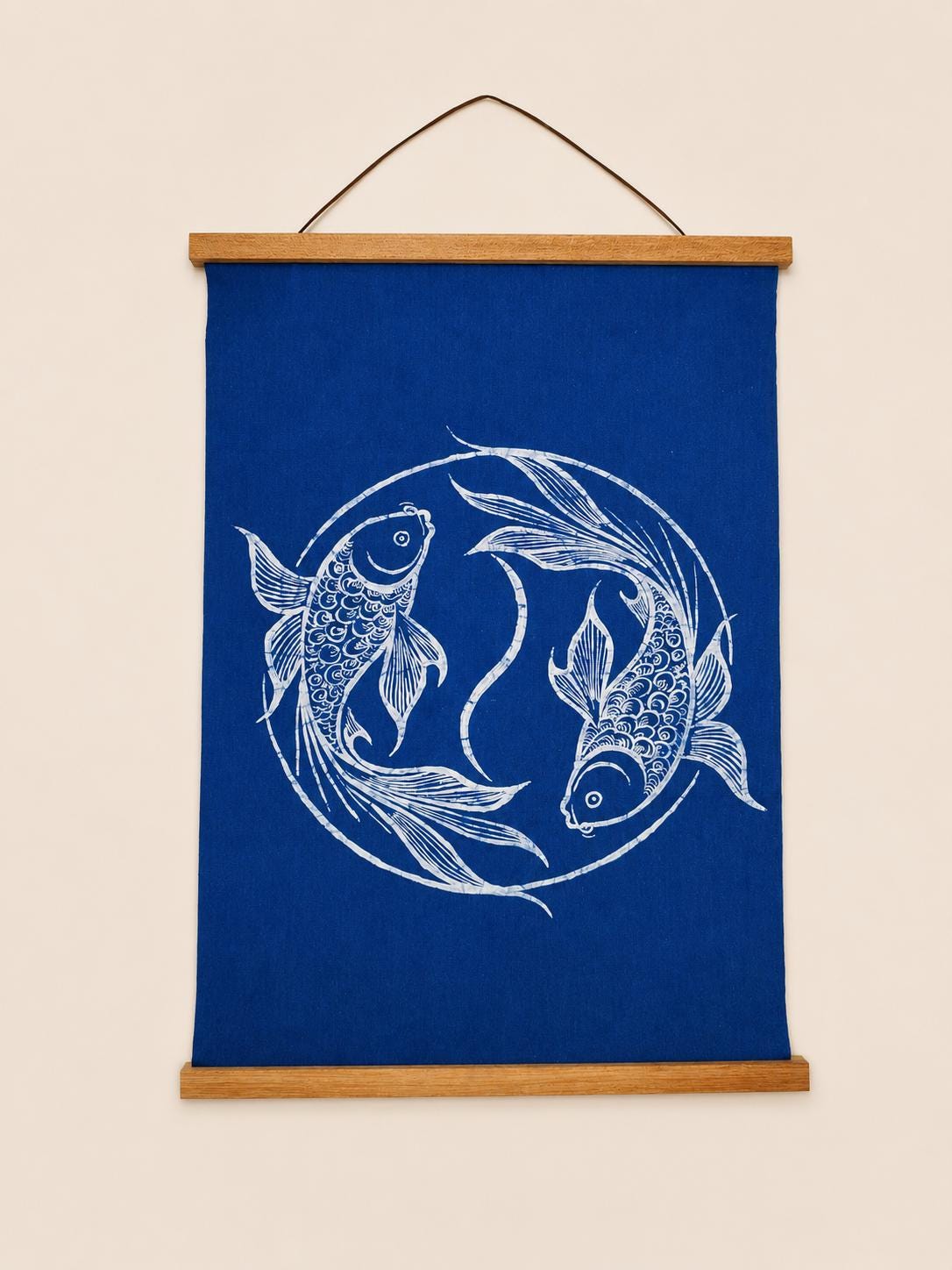 Handmade Double Fish Textile Wall Art | Indigo Batik Wall Hanging | Yin Yang Zen Home Decor | Feng Shui Wall Art | Housewarming Gift
