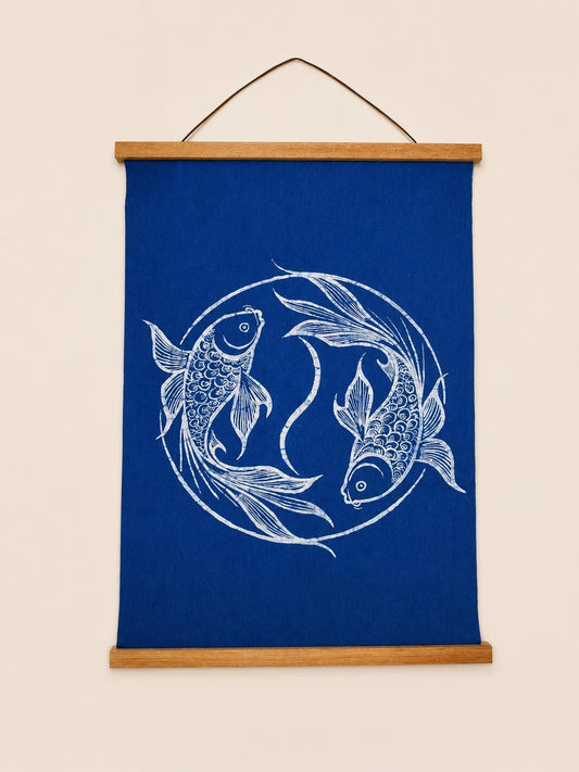 Handmade Double Fish Textile Wall Art | Indigo Batik Wall Hanging | Yin Yang Zen Home Decor | Feng Shui Wall Art | Housewarming Gift