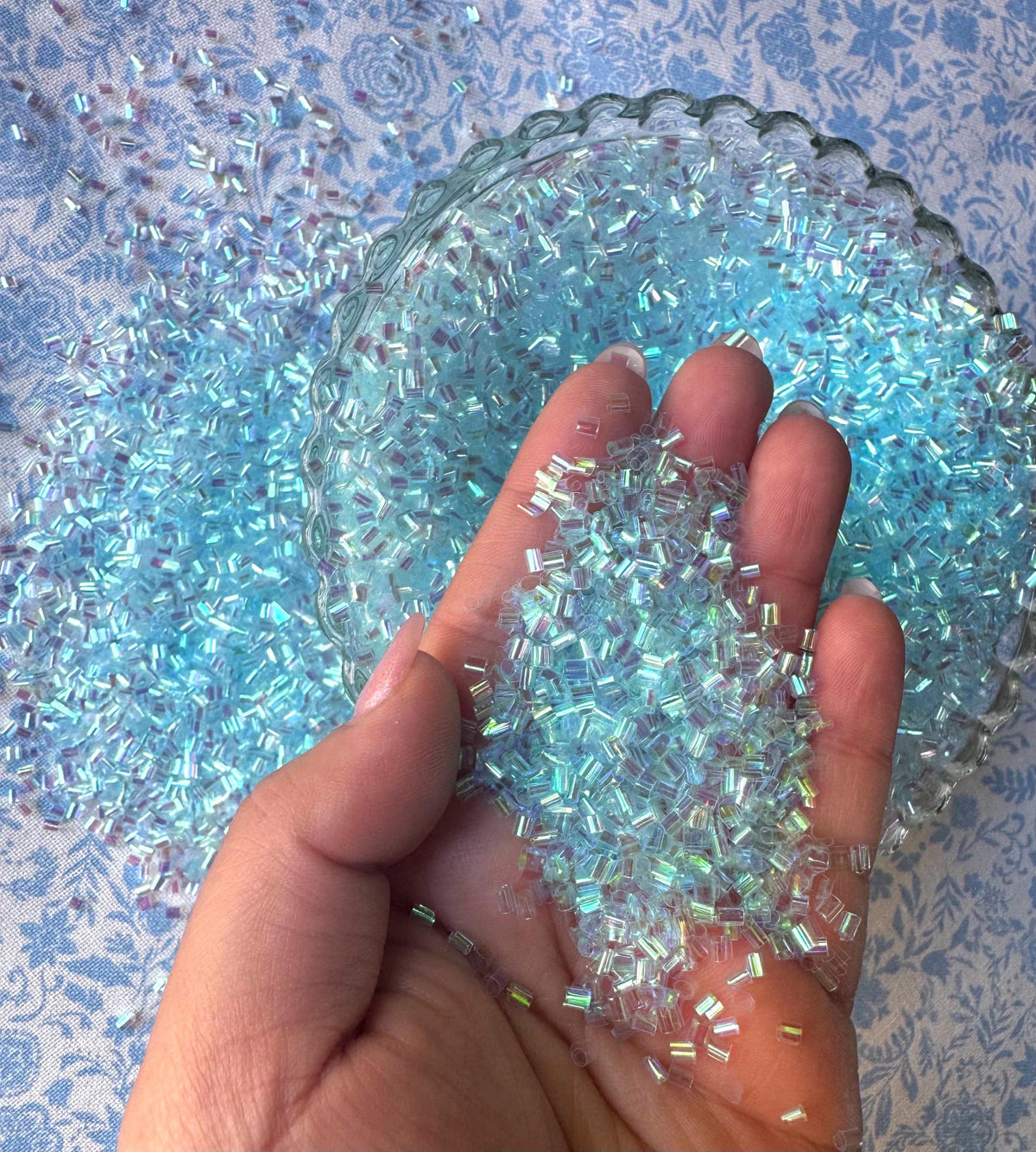Handwritten Nüshu Folding Fan Iridescent Bingsu Beads 120g | Clear AB Crunchy Slime Beads | Slime Add Ins | DIY Slime Supplies | Craft Beads