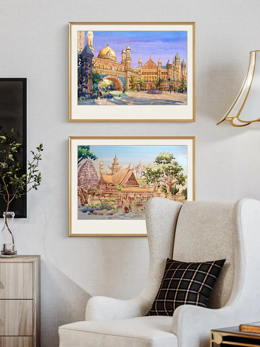 AP-14: Whispers of a Royal Square – Limited Edition Signed Art Print by Kurt Xu | Architectural Watercolor Painting | 12x16 Wall Art