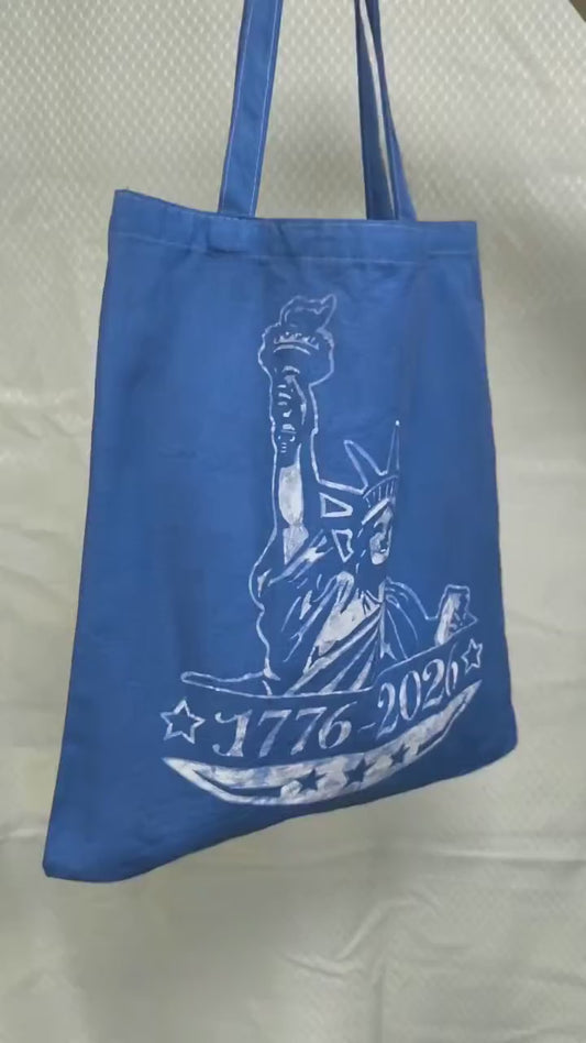 Statue of Liberty Canvas Tote Bag | America 250 Gift | Handmade Indigo Batik Tote | Patriotic Shoulder Bag | Gift for Her