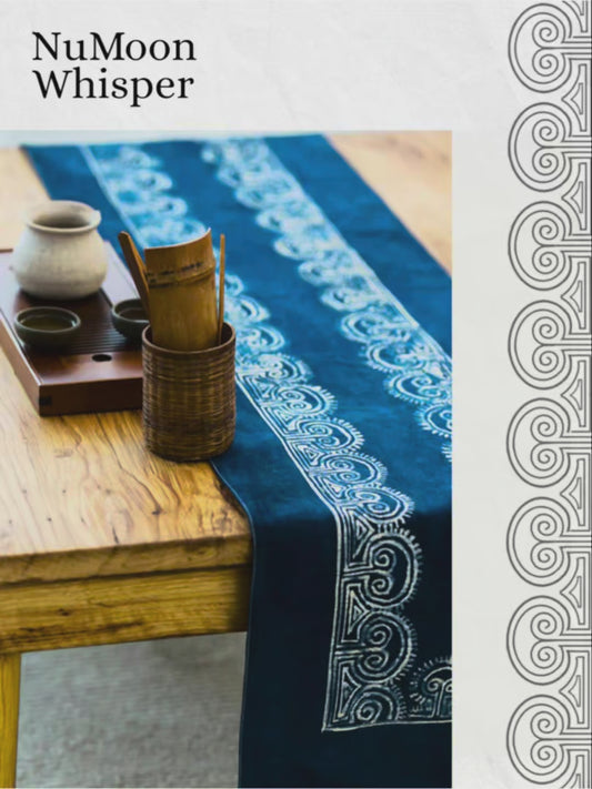 Handmade Indigo Batik Table Runner, Traditional Miao Motif, Vintage Homespun Cotton, Ethnic Indigo Table Décor