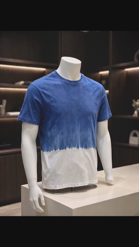 Handmade Indigo Gradient Tie-Dye T-Shirt | Natural Plant Indigo Cotton Tee | Ocean Wave Dip Dye Shirt | Unisex Handmade Shirt | Wearable Textile Art