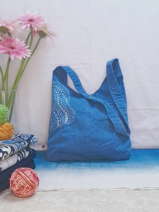 Handcrafted Indigo Batik Crossbody Bag - Unique Polka Dot Pumpkin Print Canvas Shoulder Bag for Women Batik Canvas Tote Bag, Hand-painted art collectors, Everyday artistic lifestyle, One of A Kind Cotton Carry Bag #BA05C