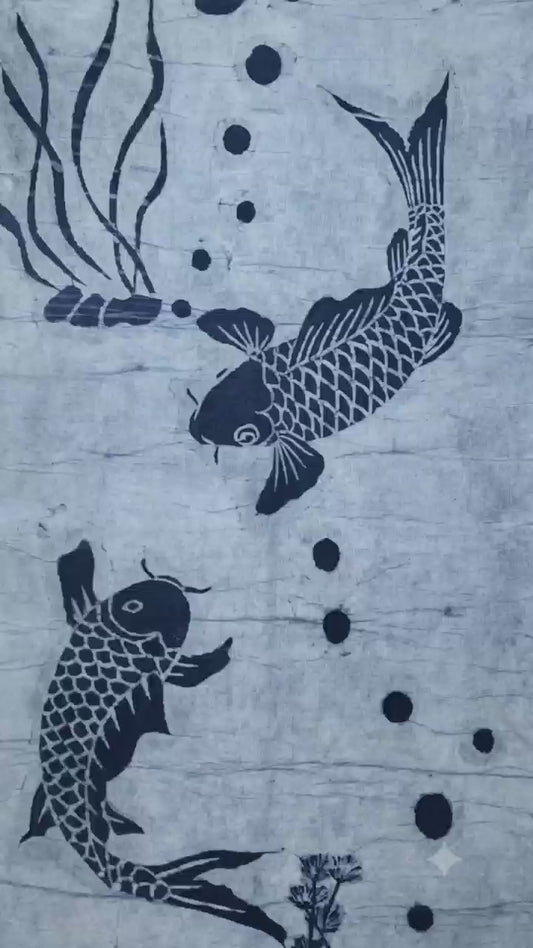 Indigo Batik Koi Wall Art | Handmade Reverse Batik Textile | Vertical Scroll Wall Hanging | Zen Home Décor Japanese & Chinese Inspired Gift