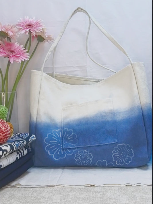 Indigo Batik Tote Bag – One-of-a-Kind Hand-dyed Cotton Canvas Hand Paint-Dyed Indigo Canvas Tote Bag - Large Capacity, Artisanal Batik Design for Everyday Use Bag #BA01C