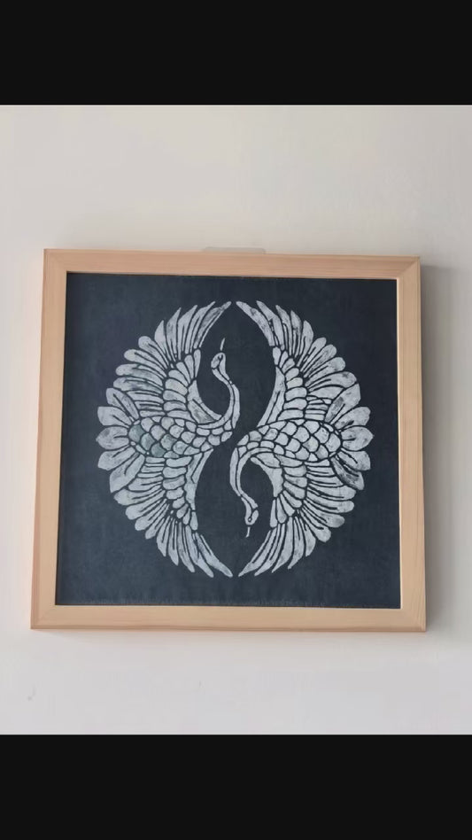 Indigo Batik Twin Cranes Linen Wall Art | Handmade Taiji Yin Yang Textile | Traditional Wax Resist Batik | Zen Home Décor | Meaningful Gift