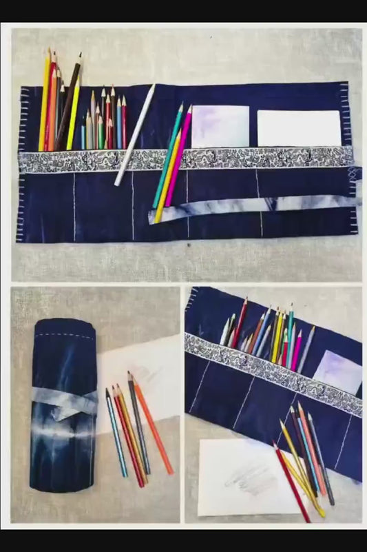 Handmade Cotton Roll-Up Organizer | Indigo Brush & Pencil Case | Artist Tool Roll | Travel Organizer | Gift for Artists