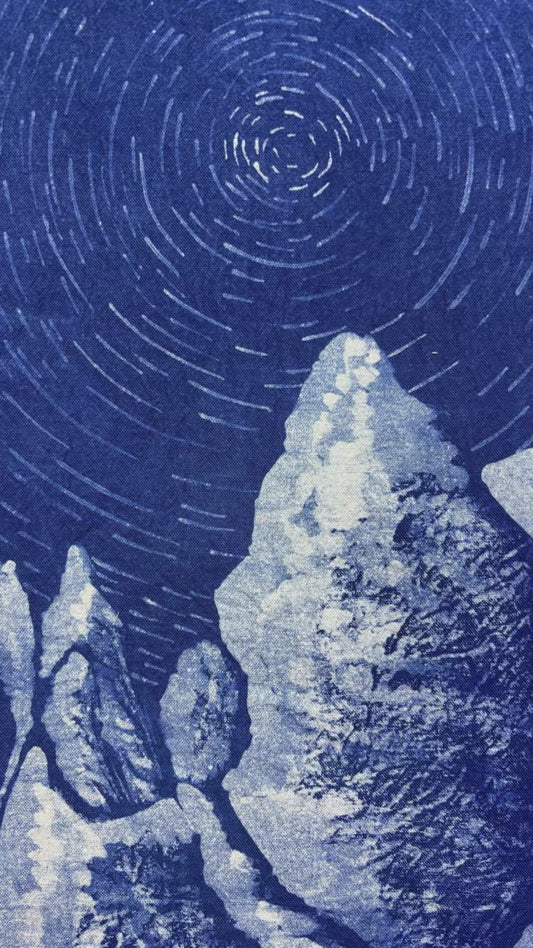 Star Trail Snow Mountain Batik Wall Hanging | Handmade Indigo Tapestry | Rustic Farmhouse Wall Art | Wabi-Sabi Textile Decor  Astronomy Gift