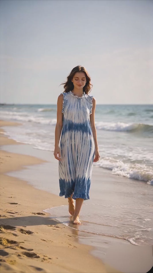 Handmade Indigo Tie-Dye Linen Maxi Dress | Natural Plant Dyed Sleeveless Boho Dress | Relaxed A-Line Dress