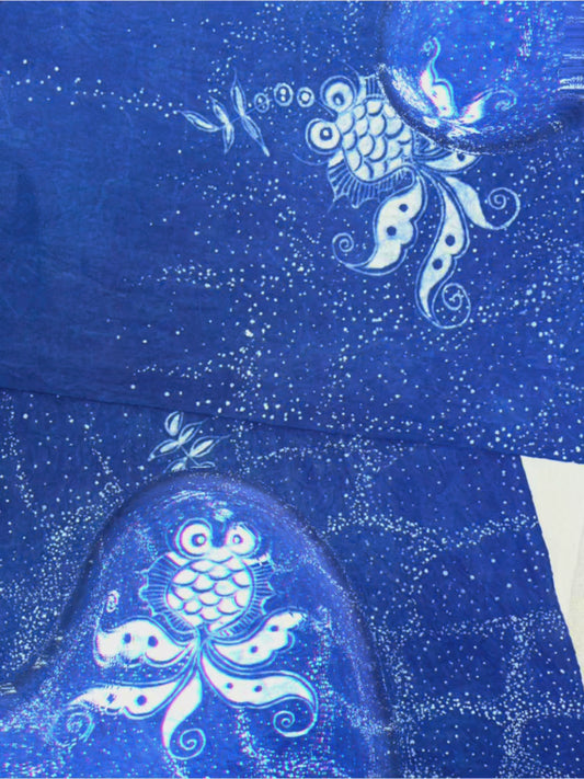 Handmade Indigo Batik Goldfish Table Runner, Vintage Homespun Cotton, Natural Indigo Dining Table Décor, Bubble Fish Design