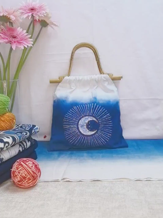 Handmade Cotton Tote Bag | Embroidered Indigo Batik Tote | Moon & Star Shoulder Bag | Market Tote | Gift for Her
