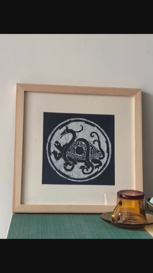 Handmade Indigo Batik Four Sacred Beasts Wall Art | Chinese Mythical Animal Textile Art | Framed Fiber Wall Decor | Japandi Home Decor