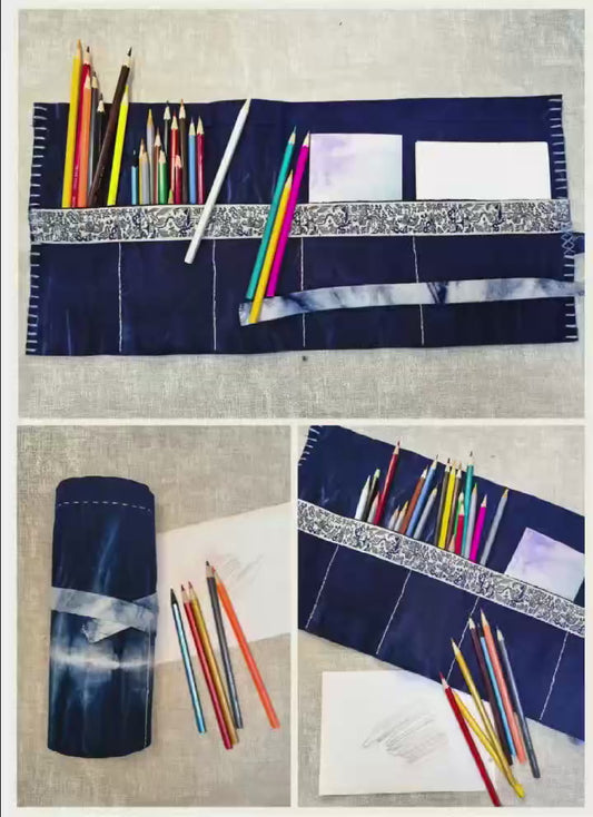 BA-23: Blue Whisper Indigo Roll Bag – Handmade Cotton Organizer – One of a Kind Makeup & Pencil Case