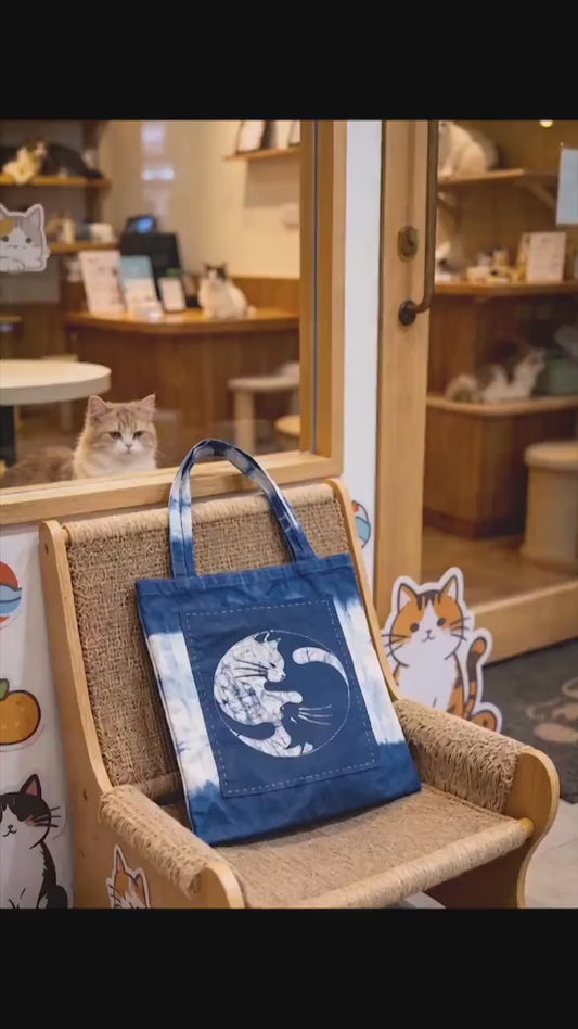 Handmade Cotton Cat Tote Bag | Indigo Batik Reversible Tote | Yin Yang Cat Shoulder Bag | Shibori Canvas Bag | Gift for Cat Lovers