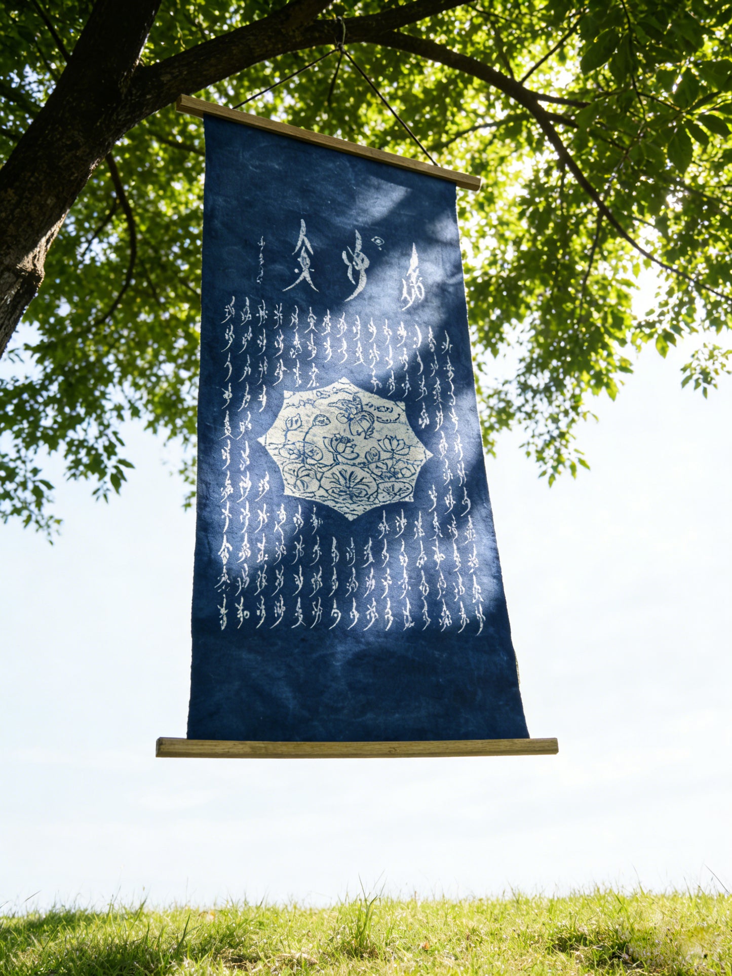 BA-03: Loving Lotus – A Nüshu Story Medium: Handmade batik on canvas Size: 18” x 38” (vertical wall hanging)