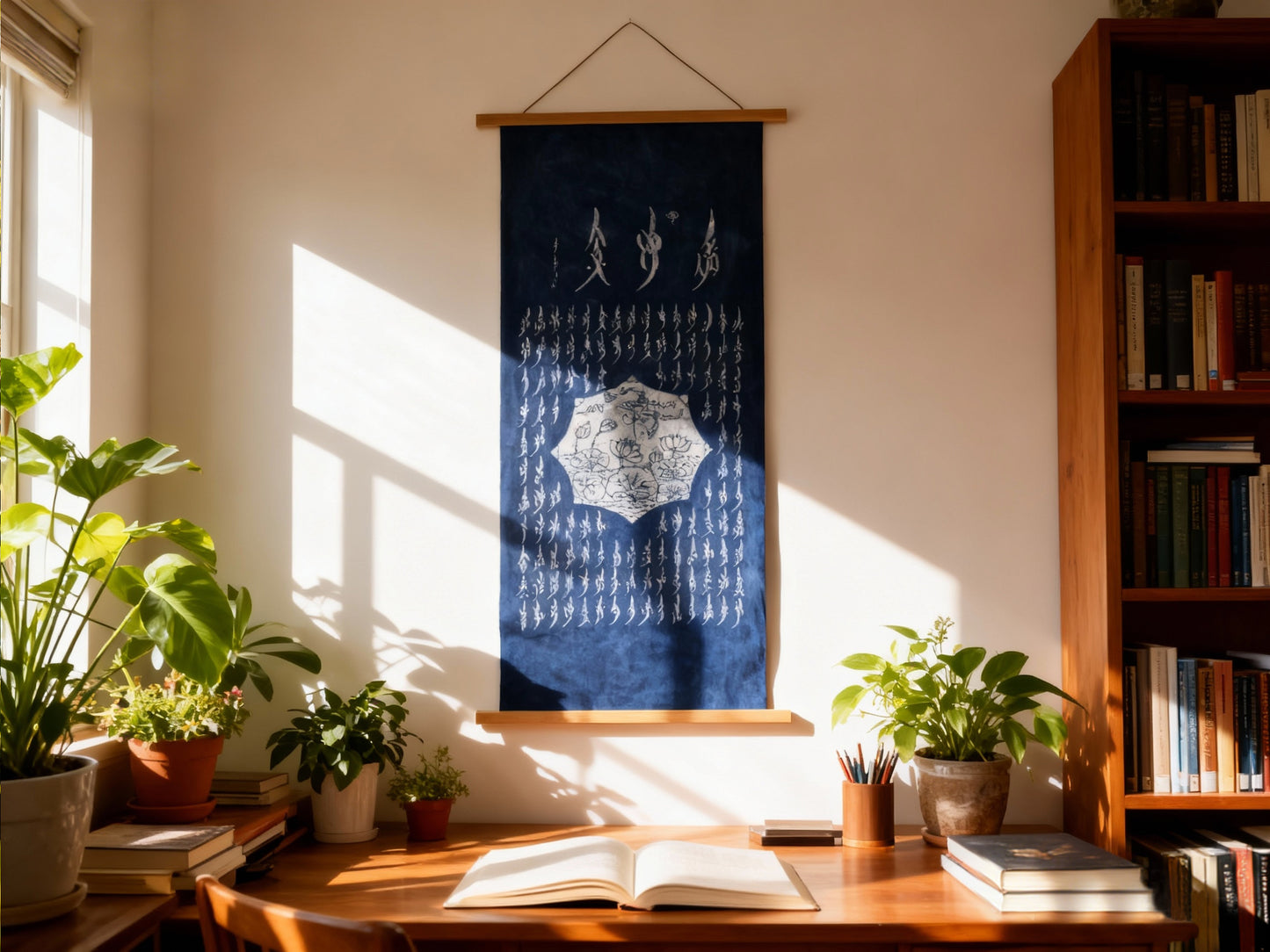 BA-03: Loving Lotus – A Nüshu Story Medium: Handmade batik on canvas Size: 18” x 38” (vertical wall hanging)
