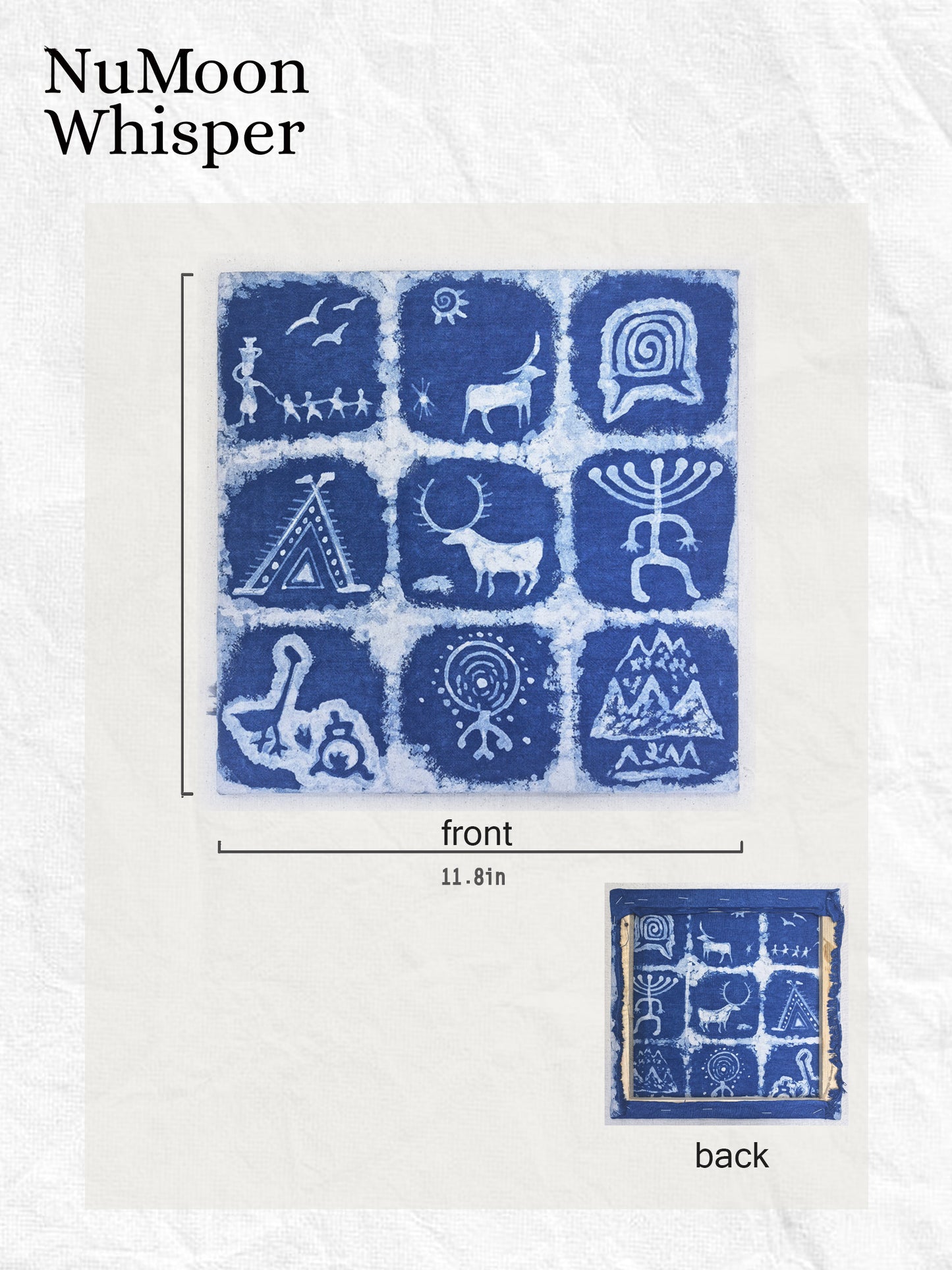 Handmade Indigo Batik Rock Art Wall Hanging, Framed Textile Art, Primitive Symbol Home Décor, Boho Wall Art