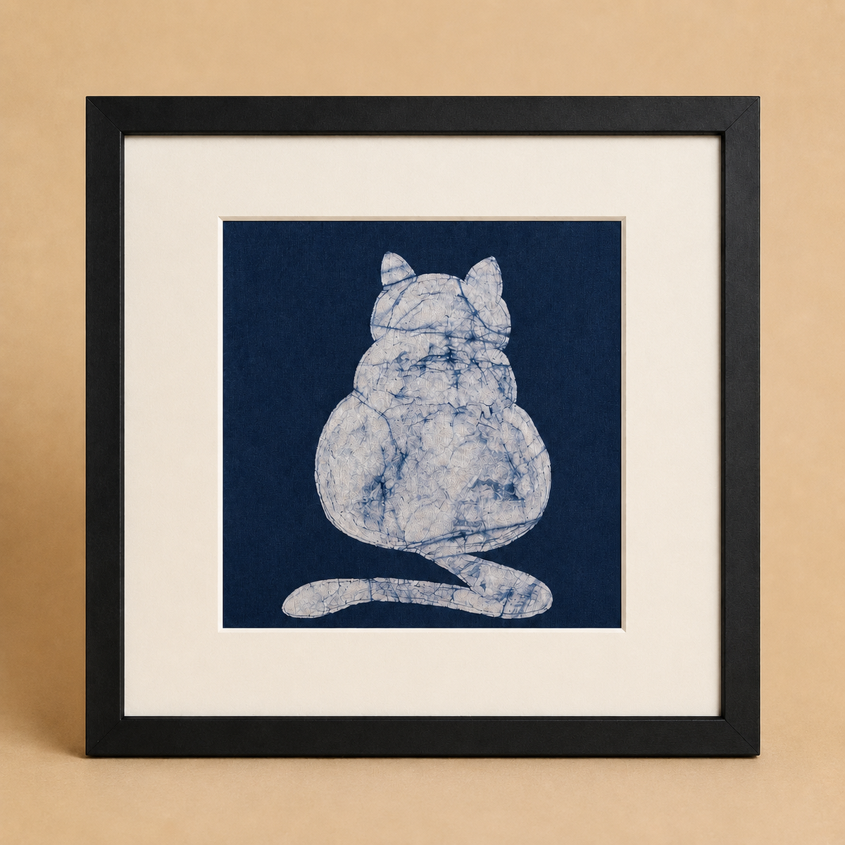 Handmade Indigo Batik Cat Wall Art Collection | Framed & Unframed Textile Wall Decor | Original Artisan Cat Artwork | Wabi-Sabi Japandi Home Decor
